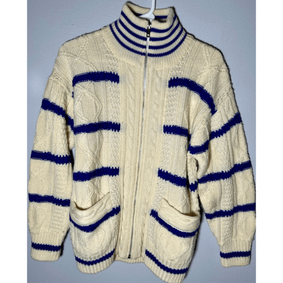 Vintage Izod 100% wool sweater Full Zip cable knit fisherman SZ Medium WPL 1100 - Picture 2 of 8